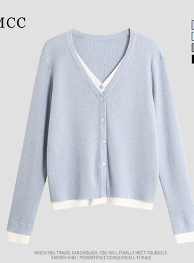 IMCC设计感小众洋气个性假两件V领针织开衫女宽松显瘦拼色上衣ins