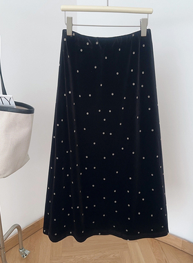 IMCC设计感波点丝绒半身裙女25秋新高腰显瘦中长款A字裙气质长裙