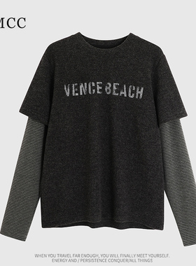 IMCC设计感小众假两件兔毛绒字母加厚T恤女宽松上衣显叠穿打底衫