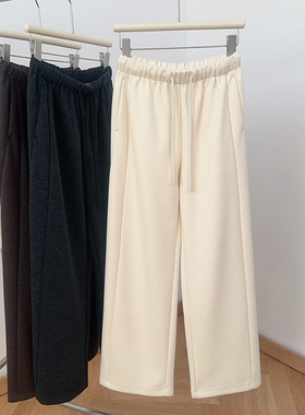 IMCC设计感小众松紧腰斜纹阔腿裤女重磅羊毛垂感加厚休闲直筒长裤