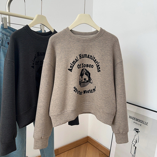 IMCC小众植绒小狗字母印花圆领卫衣女春宽松百搭减龄套头衫 上衣