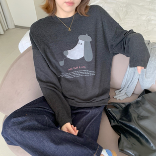 SEAWHEN海维恩秋冬季德荣长袖上衣活泼减龄烟斗狗印花磨毛宽松T恤