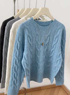 IMCC设计感小众绞花纹套头圆领毛衣女加厚保暖羊毛宽松针织衫上衣