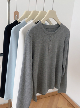 IMCC设计感纽扣圆领长袖T恤女25秋新百搭修身显瘦打底衫内搭上衣