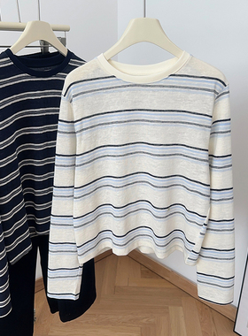 IMCC设计感撞色条纹贝壳扣长袖T恤女25秋宽松百搭圆领打底衫上衣