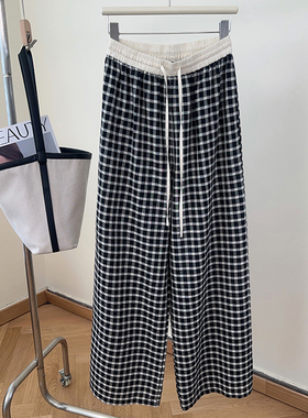 IMCC设计感小众抽绳高腰格子直筒阔腿裤女秋宽松百搭拖地长裤ins