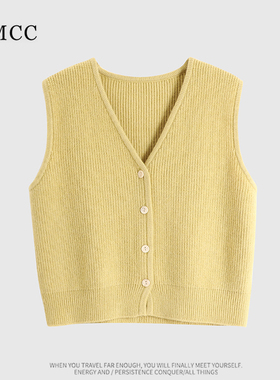 IMCC设计感小众洋气叠搭V领针织马甲女秋宽松百搭单排扣背心毛衣