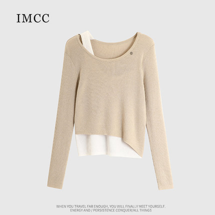 IMCC设计感小众桑蚕丝羊毛不规则假两件针织衫女宽松显瘦露肩上衣