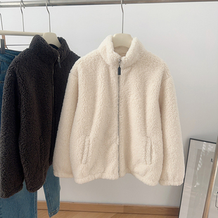 IMCC设计感小众毛茸茸羊羔毛立领拉链外套女厚实保暖小个子上衣