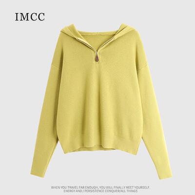 贴布针织衫半襟连帽套头