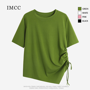 IMCC侧抽绳~设计感小众不规则下摆开叉短袖T恤女宽松百搭上衣ins