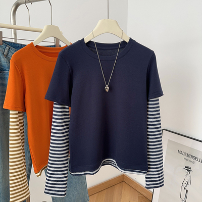 IMCC撞色假两件条纹长袖T恤女