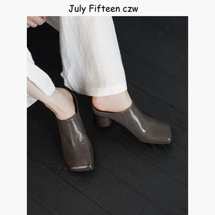 外穿百搭凉拖 女2026新款 水洗小牛皮 简约气质6cm粗高跟包头半拖鞋