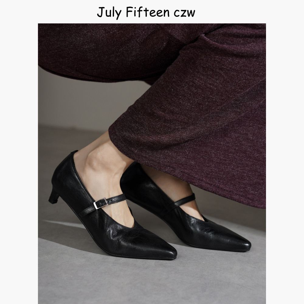 真皮大底水洗马皮尖头细跟玛丽珍鞋女2026新款气质一字扣浅口单鞋