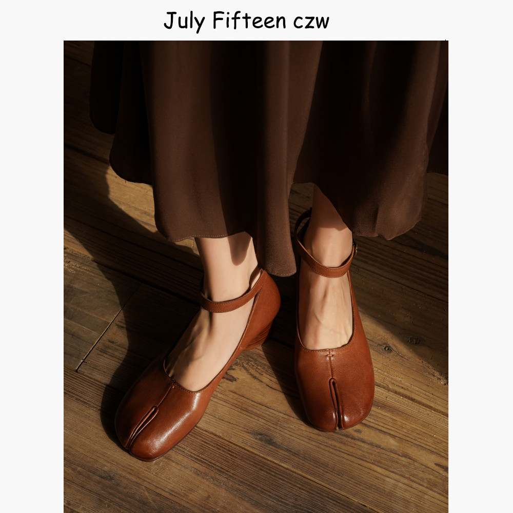 2026新款水洗马皮真皮大底分趾玛丽珍鞋女粗跟一字扣带猪蹄鞋单鞋