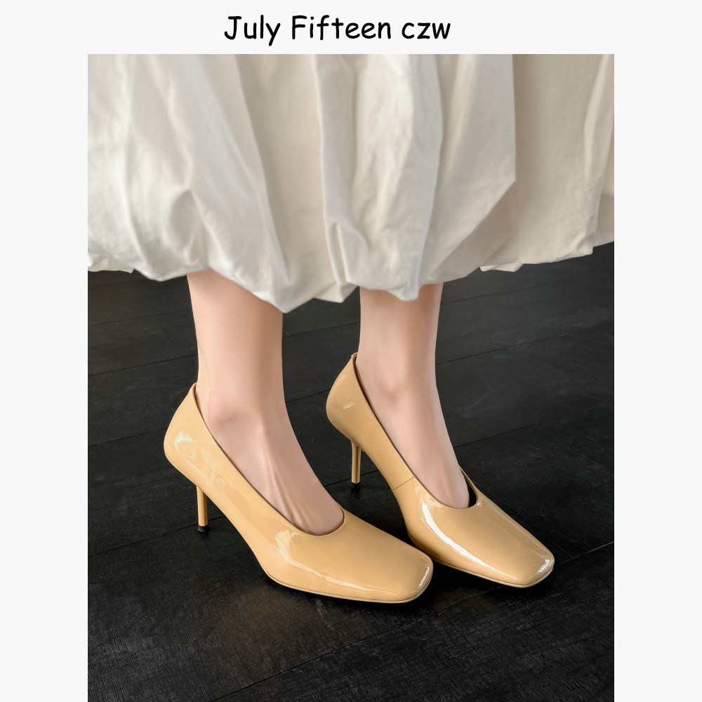 欧美气质方头牛漆皮8cm细跟高跟鞋女2026春夏新款气质浅口单鞋