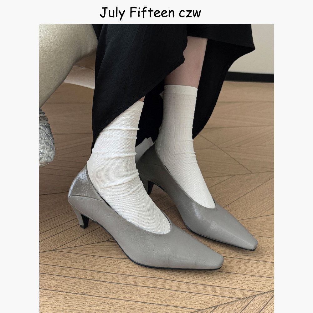 法式方头猫跟羊皮浅口单鞋女2026新款气质高跟鞋通勤鞋轻熟风女鞋