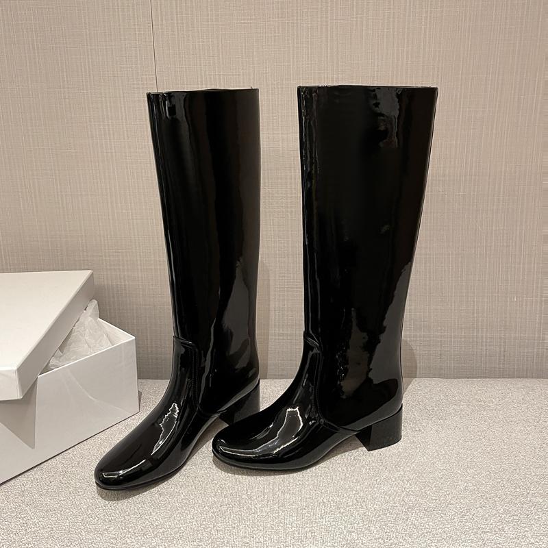 高定版~2025秋冬新款网红牛漆皮高筒靴女5cm粗跟骑士靴不过膝长靴