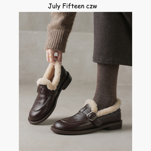 粗跟皮带扣单鞋 老钱风羊羔毛加绒保暖乐福鞋 豆豆鞋 新款 女2025冬季