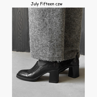 女一脚蹬乐福鞋 深口单鞋 欧美气质复古百搭羊皮粗跟高跟鞋 2026新款