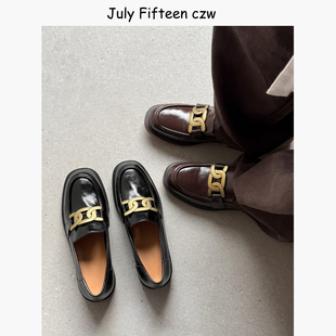 深口单鞋 女圆头低跟一脚蹬小皮鞋 真皮英伦风金属扣乐福鞋 2026新款