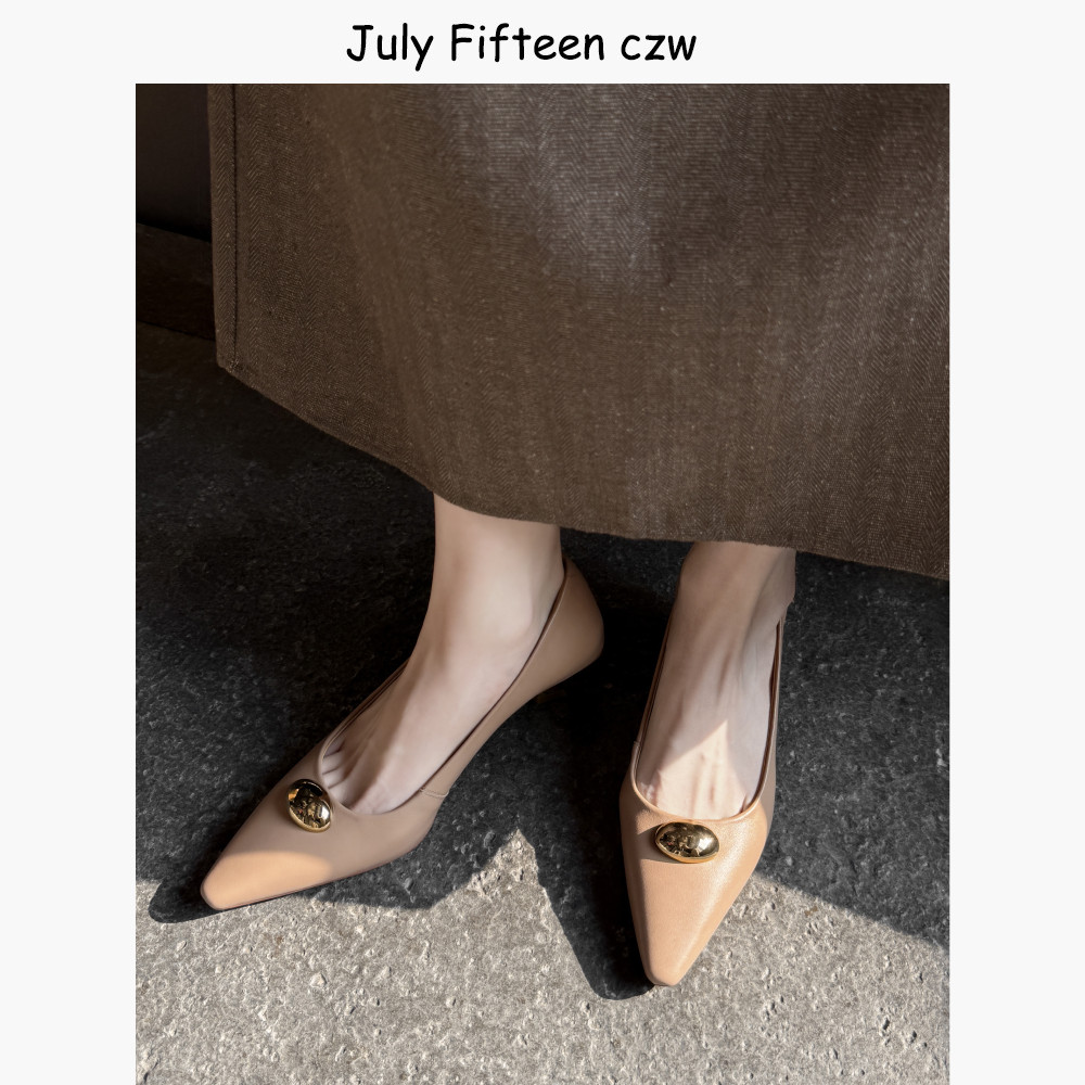 头层牛皮法式金属扣尖头5cm细跟浅口单鞋女2026春新款气质高跟鞋,女鞋,浅口单鞋,淘宝优惠券,粉丝福利购,淘宝优惠卷