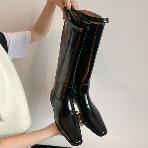 欧美方头平底真皮长靴女不过膝