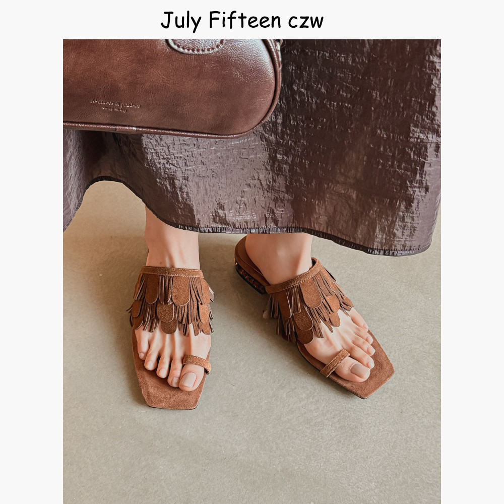 小众设计感流苏套趾一字拖女外穿2026夏季新款磨砂皮方头凉拖鞋