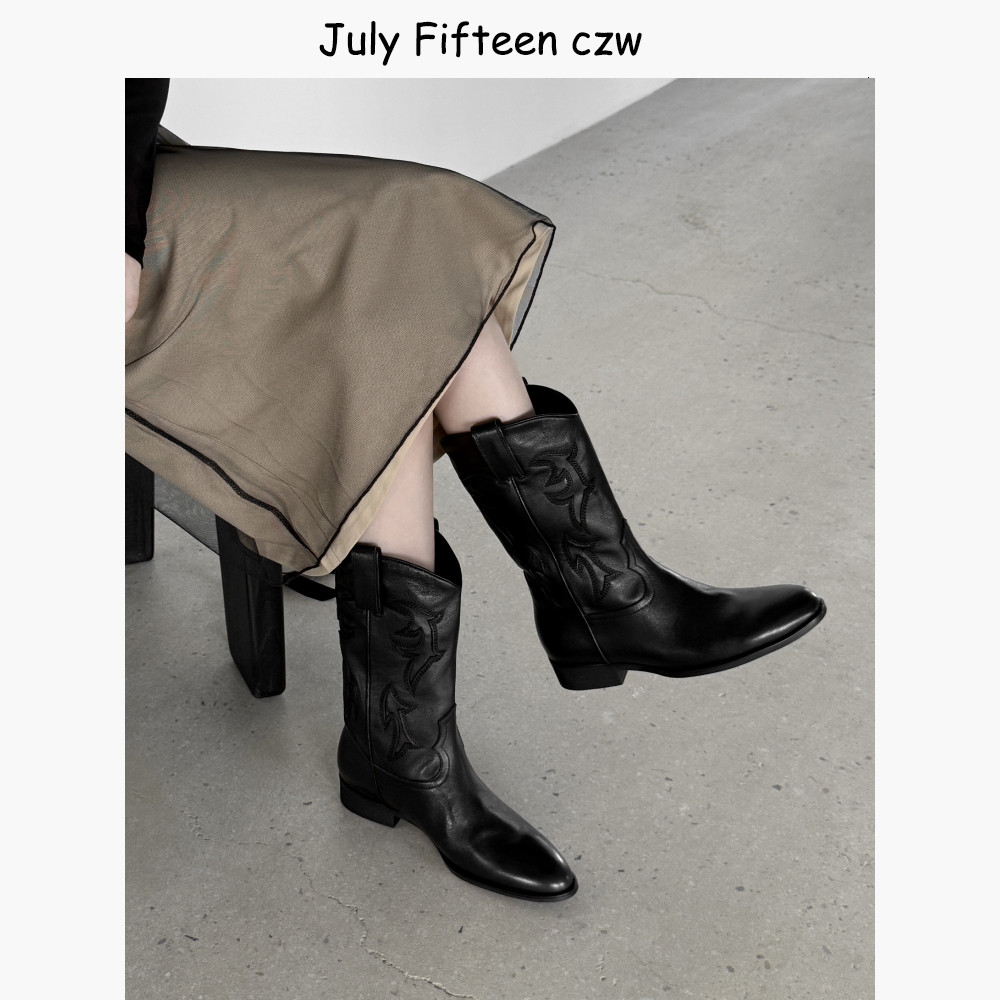 头层牛皮~欧美气质V口3cm粗跟西部牛仔靴女2025新款刺绣中筒短靴