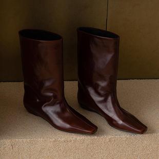 头层胎牛皮 复古骑士靴中筒靴女方头3cm坡跟直筒短靴 2025秋新款