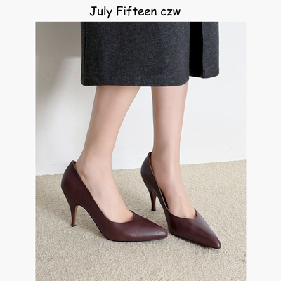 法式头层牛皮尖头细跟通勤高跟鞋