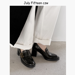女黑色羊皮一脚蹬百搭粗跟单鞋 乐福鞋 英伦风皮带扣高跟鞋 2026新款