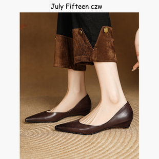 女通勤坡跟气质老钱风高级感 尖头浅口单鞋 2026新款 头层小牛皮法式