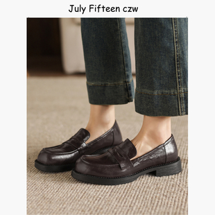 深口单鞋 女圆头低跟一脚蹬小皮鞋 复古英伦乐福鞋 头层羊皮2026新款