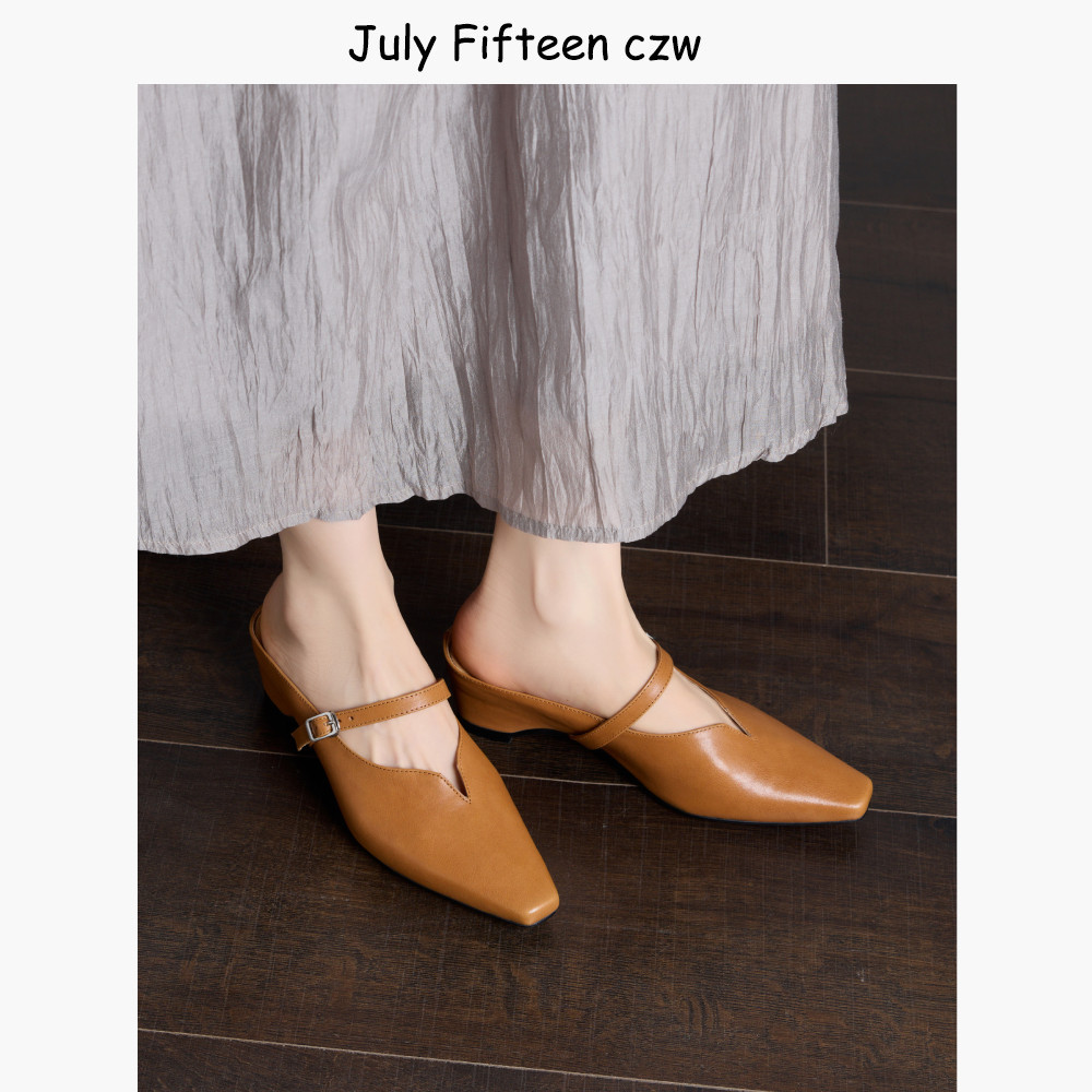 头层牛皮～法式包头半拖鞋女夏外穿2026新款一字扣内增高穆勒鞋
