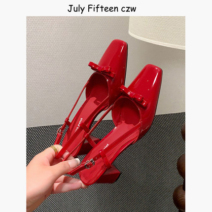 【July Fifteen】2025新款法式方头粗跟蝴蝶结后空包头凉鞋女高跟