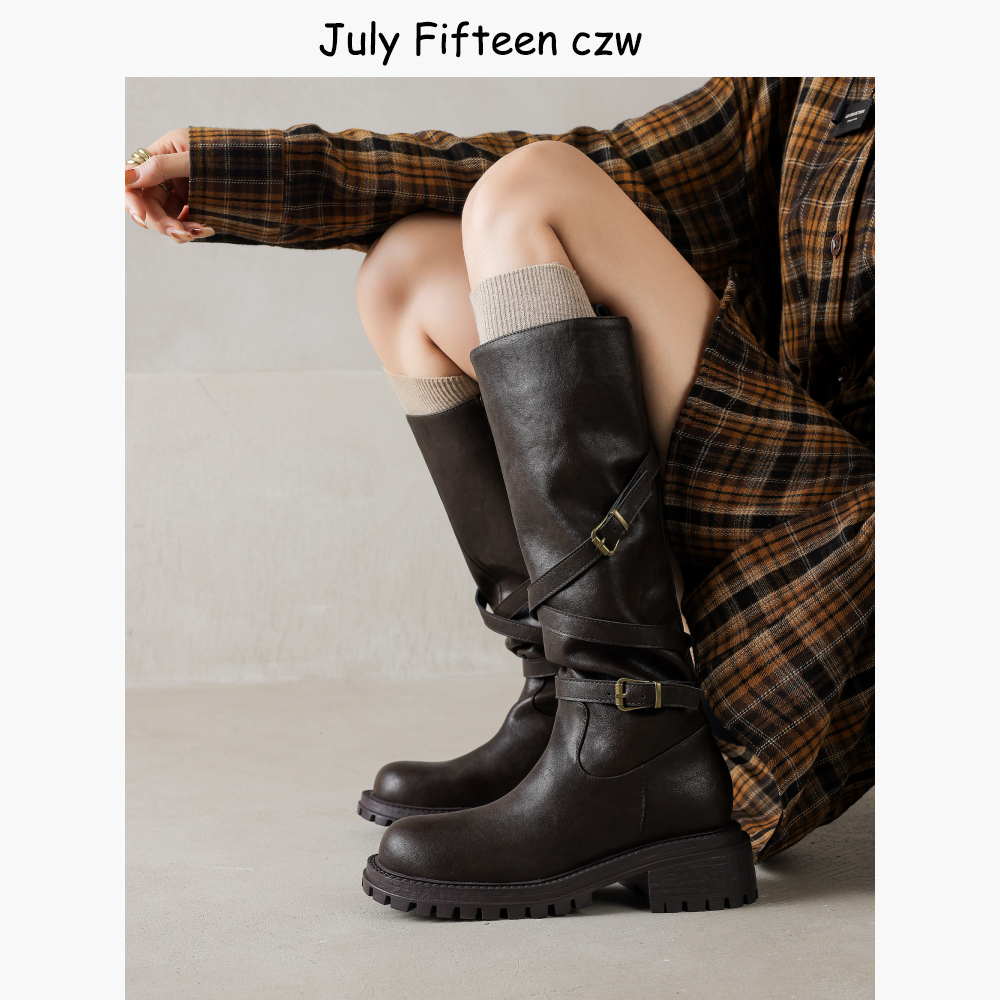 欧美气质粗跟厚底皮带扣骑士靴
