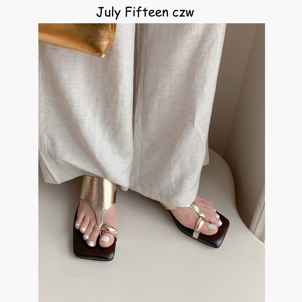 法式牛皮金属扣套趾一字拖女夏外穿2026新款方头4cm粗跟夹脚拖鞋