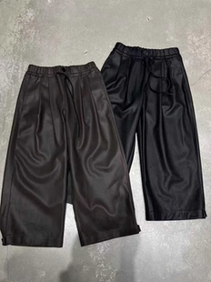 冬上抽绳松紧腰直筒九分裤宽松加绒阔腿休闲皮裤  F2001#