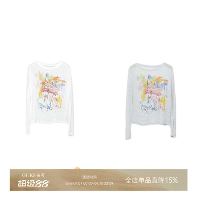 GKE/谷可TC181涂鸦印花长袖T恤女休闲宽松防晒罩衫百搭上衣