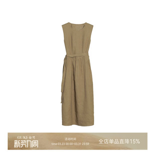 气质收腰显瘦休闲裙子 新款 GKE 谷可LQ7589圆领亚麻连衣裙2025夏季