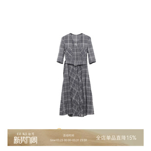 GKE 收腰系带中长裙气质 谷可LQ1170休闲风复古格纹连衣裙女长袖