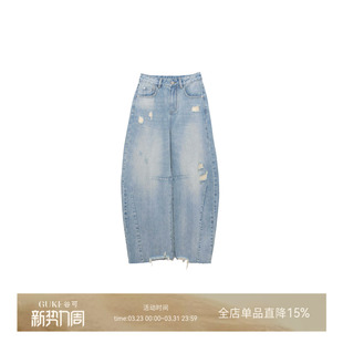 水洗百搭高腰休闲长裤 2025新款 谷可K1071复古破洞牛仔弯刀裤 GKE