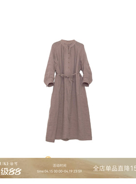 GKE/谷可LQ3185休闲亚麻连衣裙女宽松直筒卡其色通勤穿搭裙子