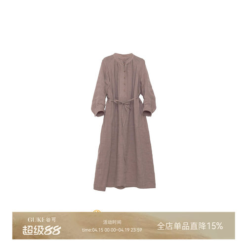 谷可亚麻宽松直筒卡其色连衣裙