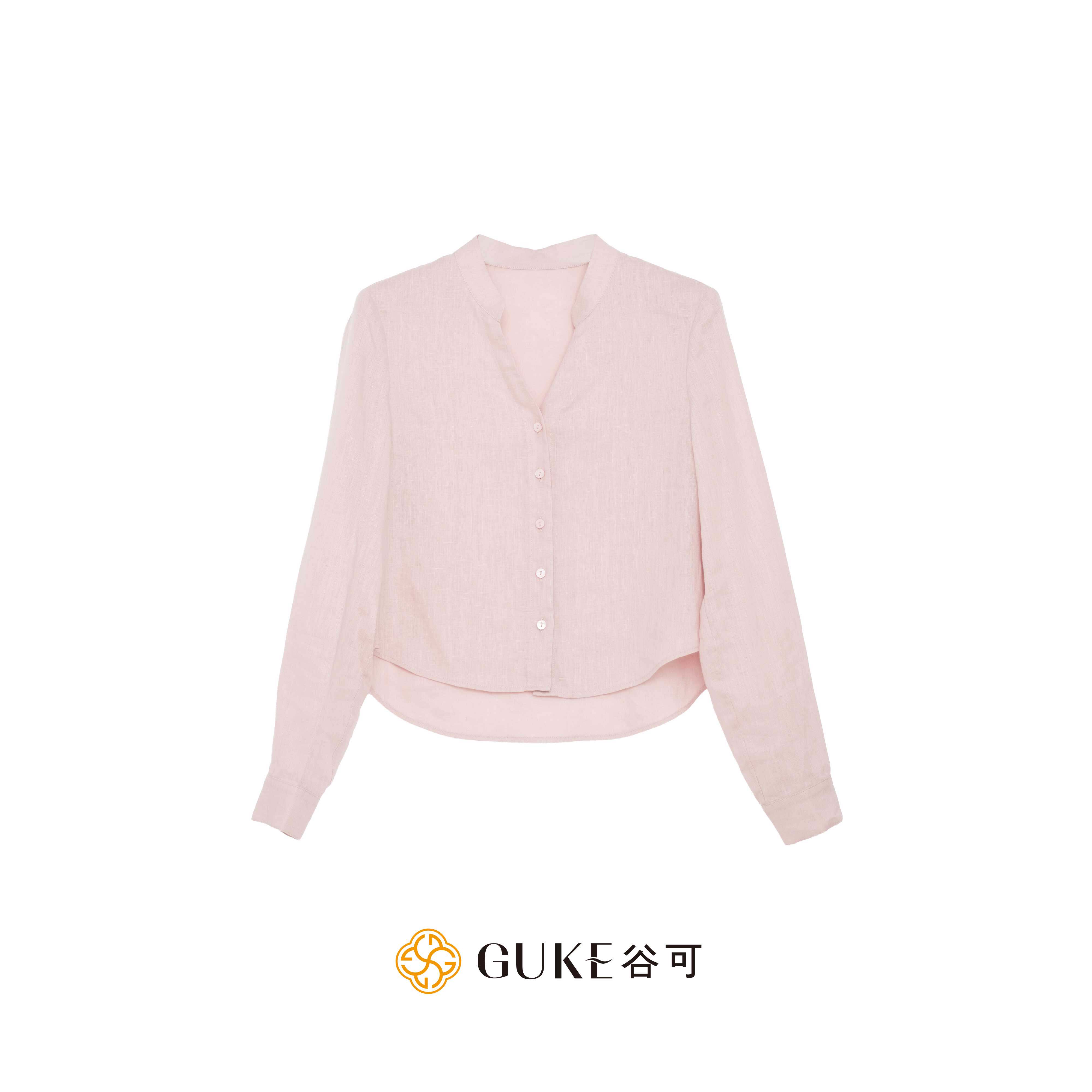 谷可亚麻V领长袖衬衫女通勤显瘦