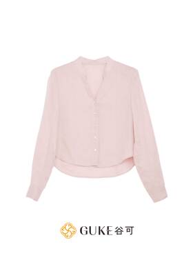 GKE/谷可C1372优雅风粉色亚麻衬衫女长袖V领通勤高级感显瘦上衣