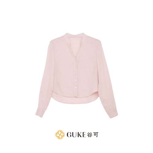 谷可亚麻V领长袖衬衫女通勤显瘦