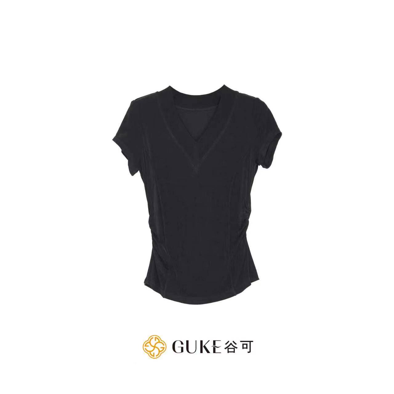 谷可黑色V领短袖收腰显瘦T恤女