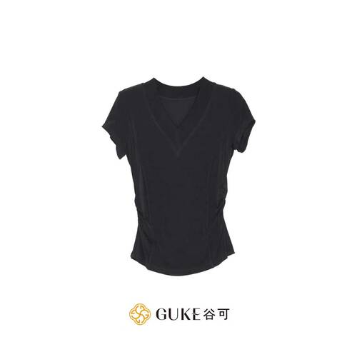 谷可黑色V领短袖收腰显瘦T恤女